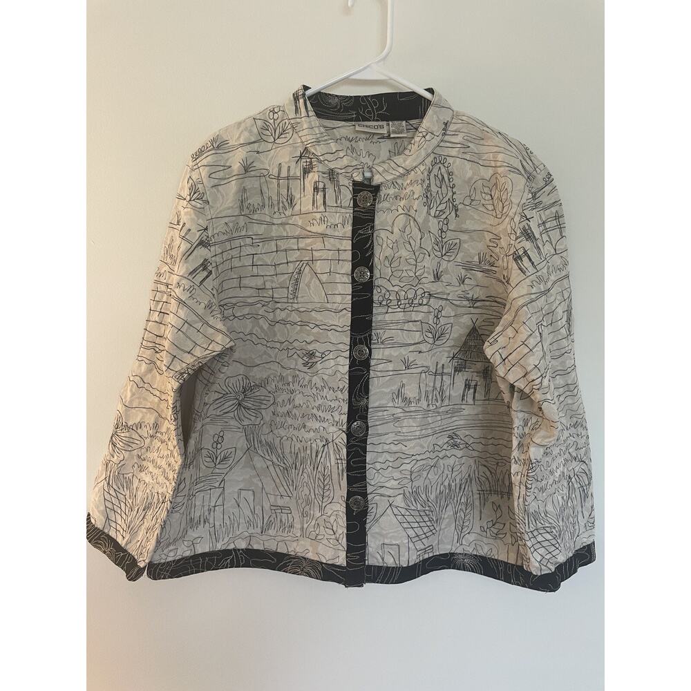 Chico's Linen Thailand Fish Longtail Boat Top Button Up Size 3 Large 90's